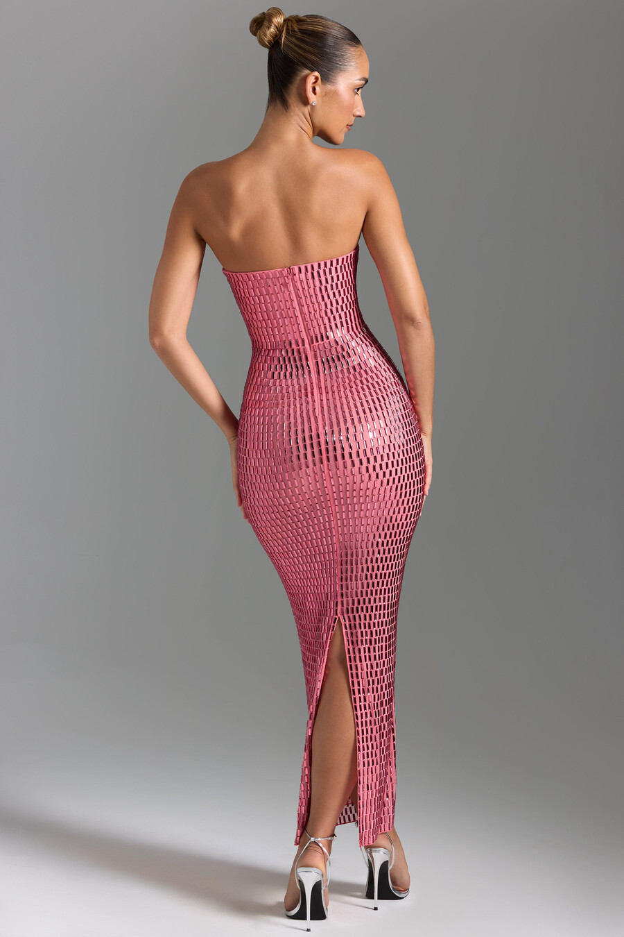 ozdobna sukienka bandeau maxi w kolorze arbuza