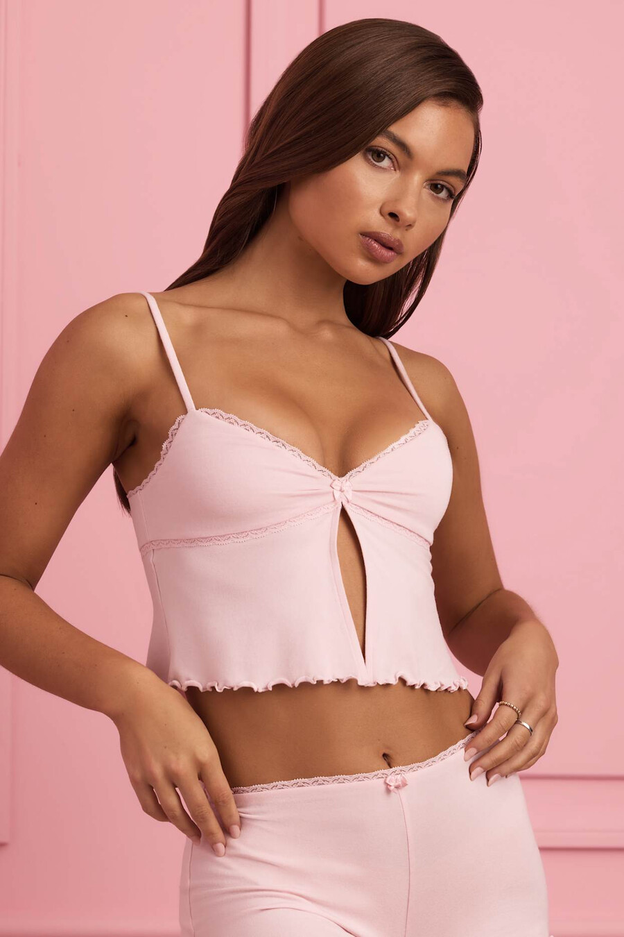piżamowa bluzka typu babydoll z koronką w kolorze jasnoróżowym