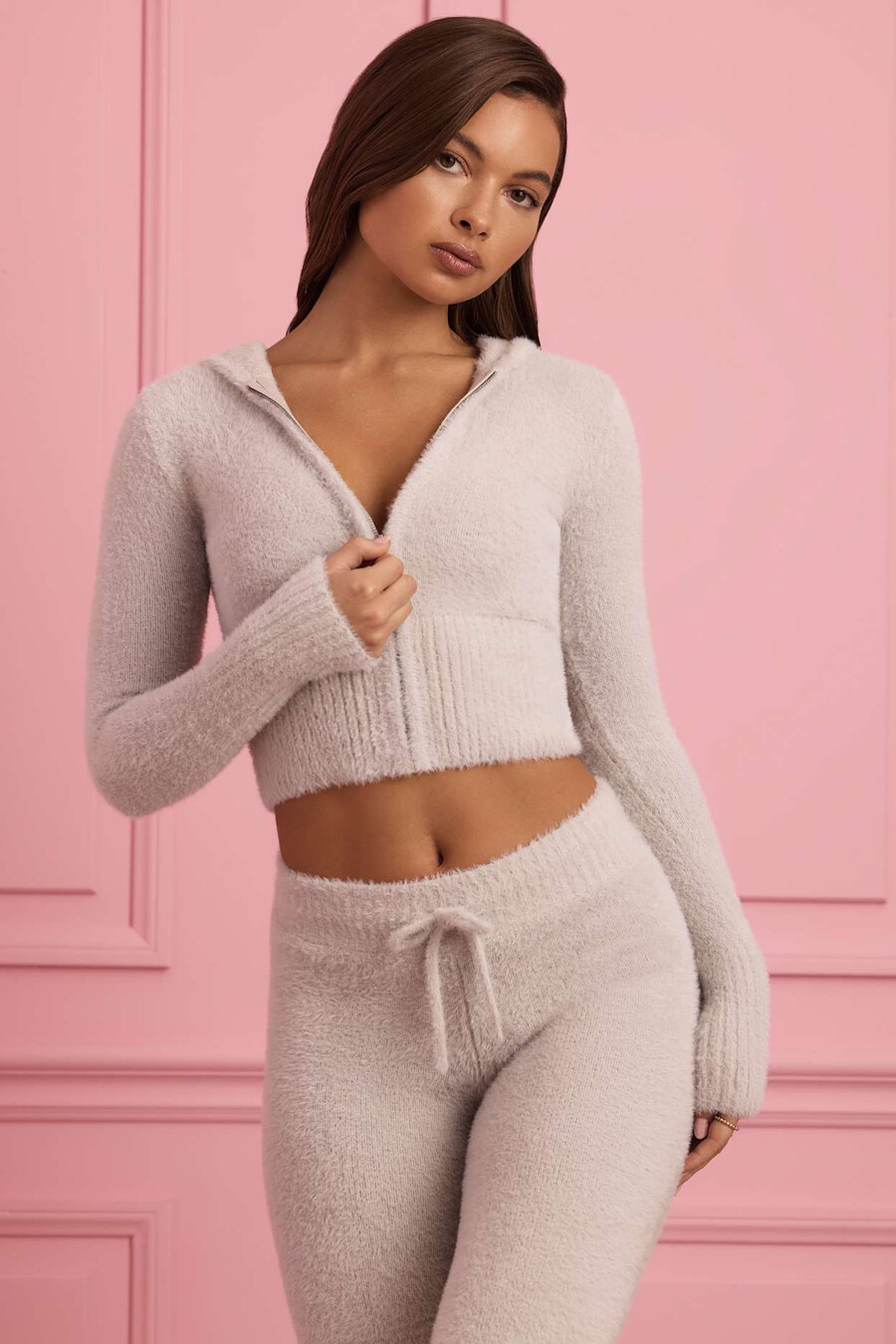 bluza z kapturem i zamkiem błyskawicznym fluffy knit w kolorze cloud grey
