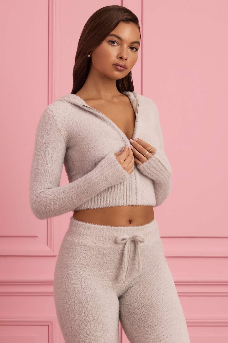 bluza z kapturem i zamkiem błyskawicznym fluffy knit w kolorze cloud grey
