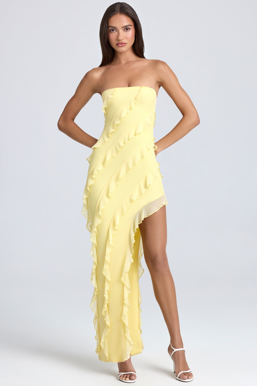 sukienka maxi typu bandeau z falbanką w kolorze cytrynowego sorbetu