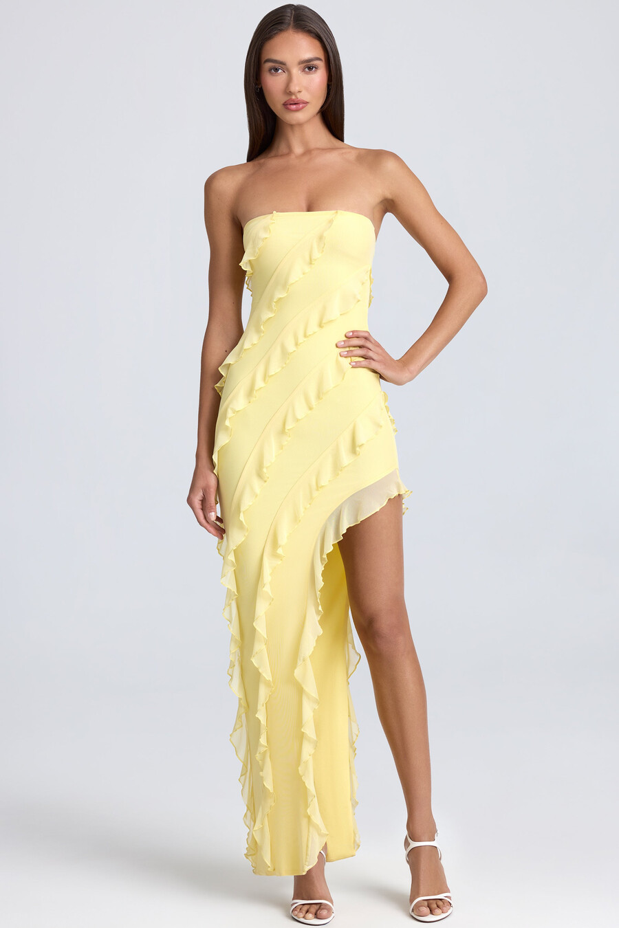 sukienka maxi typu bandeau z falbanką w kolorze cytrynowego sorbetu