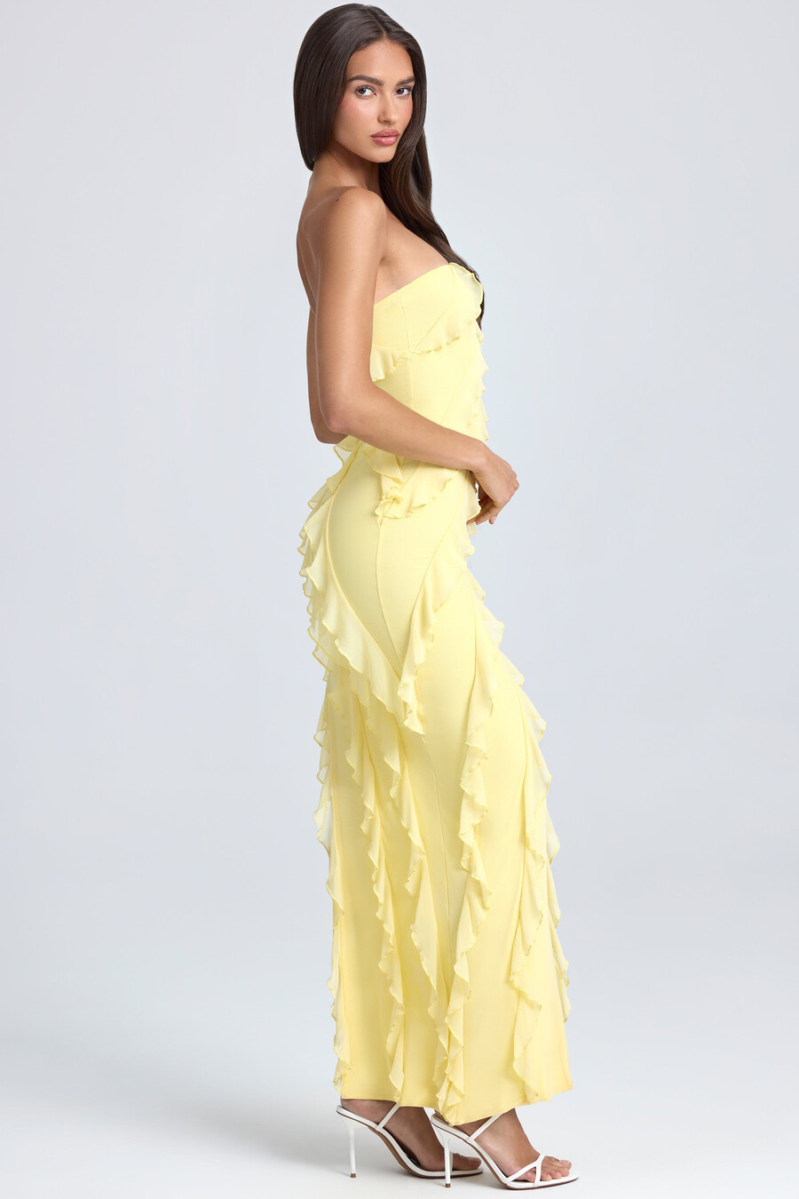 sukienka maxi typu bandeau z falbanką w kolorze cytrynowego sorbetu